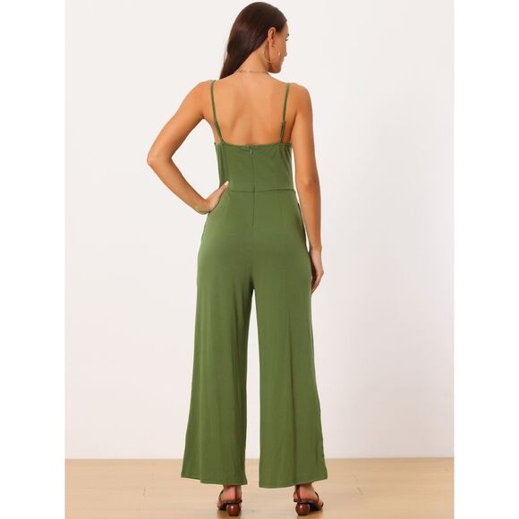 Ruched Drawstring Front Sleeveless Wide Leg Long Jumpsuits Army Green - Picture 4 of 6